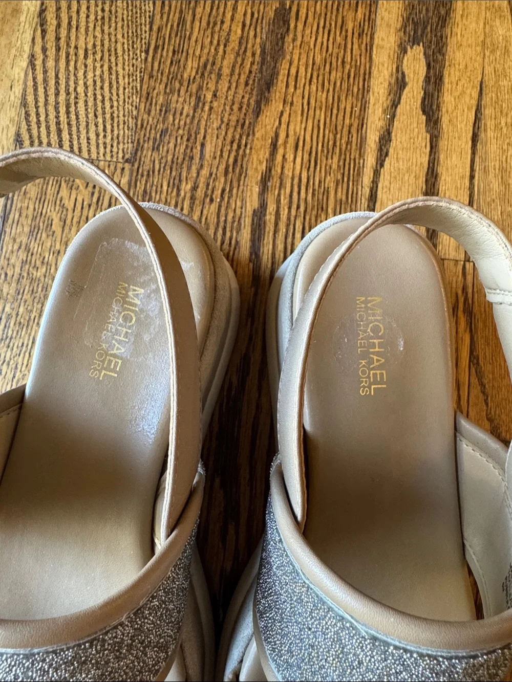 Michael Kors Presley Platform Sandal Tan Silver Glitter Sz 6